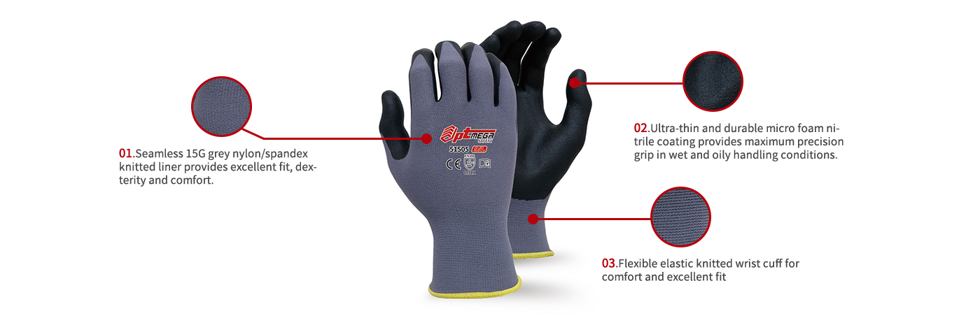 Micro foam nitrile coated glove, Comfort with strong grip, breathability and durability -51505